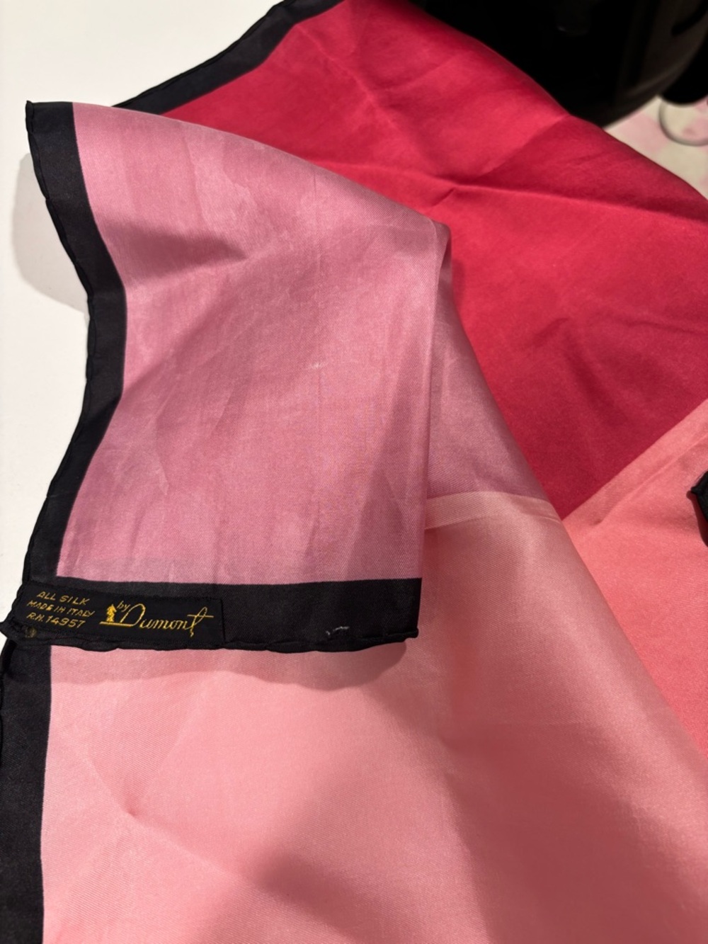 Vintage Dumont 100% Silk Scarf with Black Trim